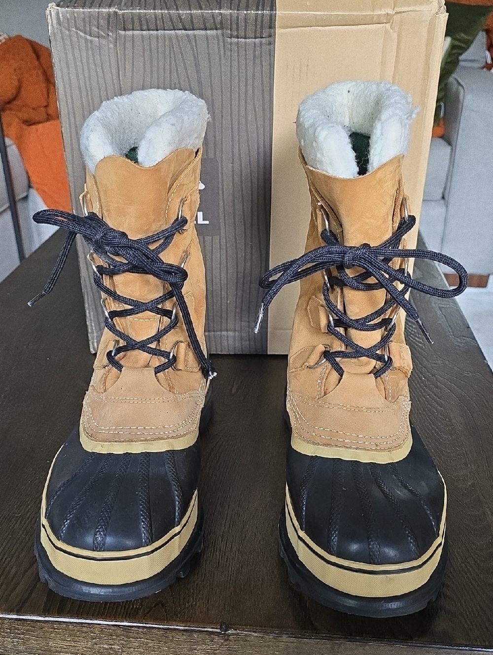 Sorel Men's Tan and Black Waterproof Winter Boots with Shearling Collar
